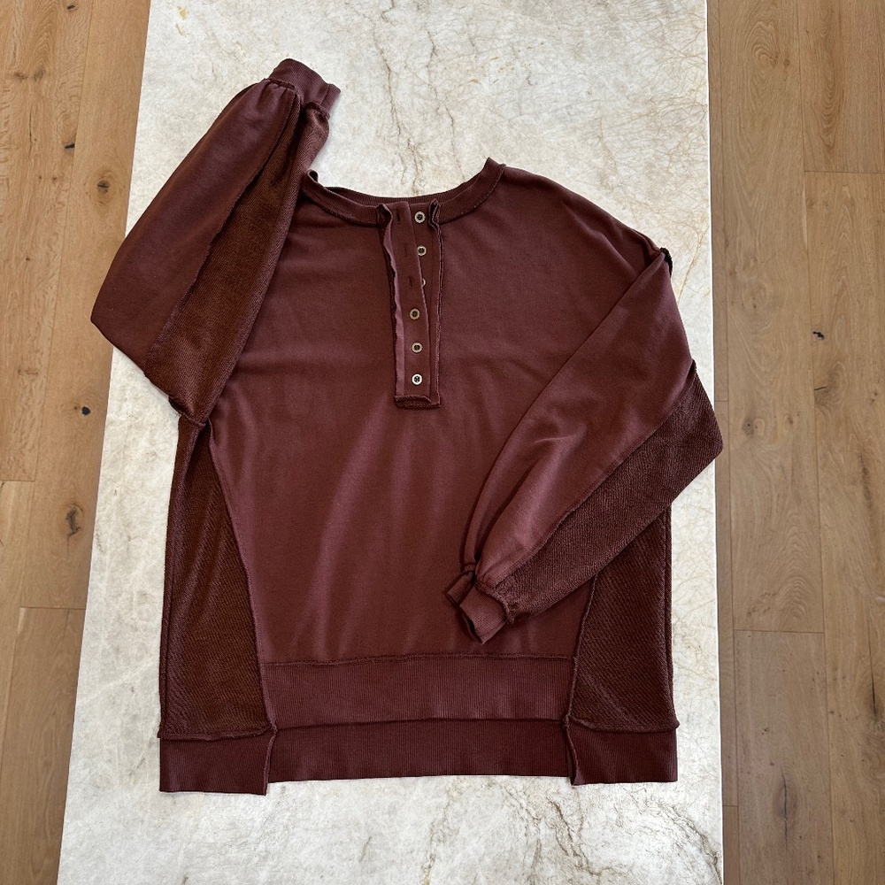 AlvaQ Oversized Long Sleeve Sweatshirts Lightweight Button V Neck Drop Shoulder